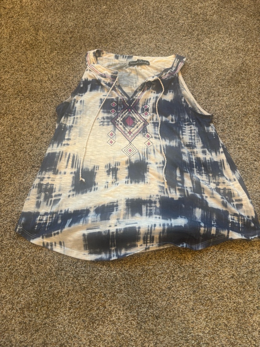 French laundry medium Sleeveless Tie-Dye Embroidered V-Neck Tank Top - Navy